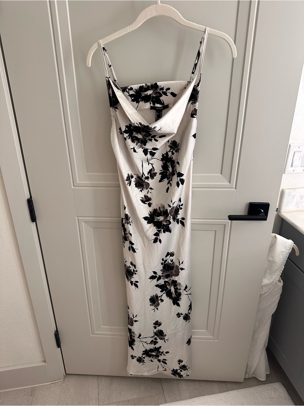 Forever 21 White Maxi Slip Dress with Black Floral Print